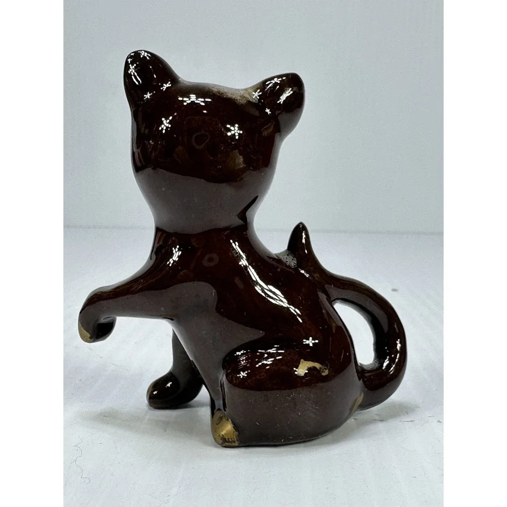 Vintage Redware Japan Kitten Cat Figurine Red Ears Brown Glazed Trinket MCM